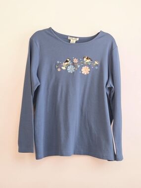 Blue Long Sleeve Tee with Bird & Floral Embroidery